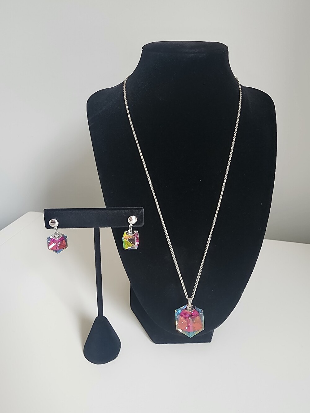 Vtg 1970s 800 Silver Iridescent Crystal Cube Necklace Earring Set Aurora Boreali